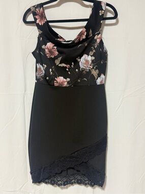 Fashion Nova Black Floral Bodycon Dress with Soft Pink Accents